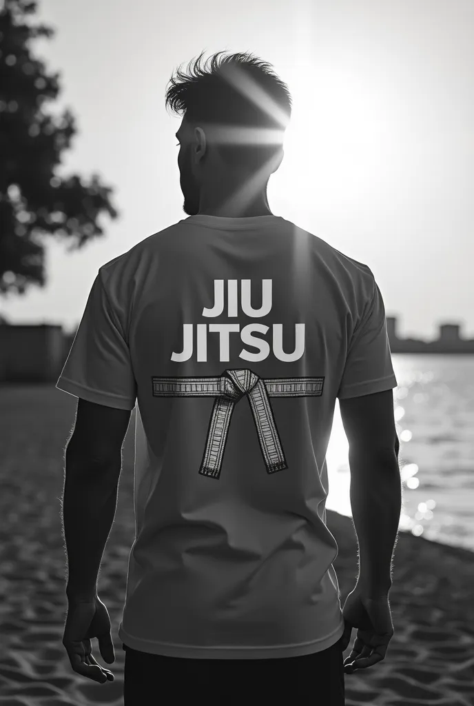 jiu jitsu logo with english letters and a belt design for a tshirt black and white with the sun on the background