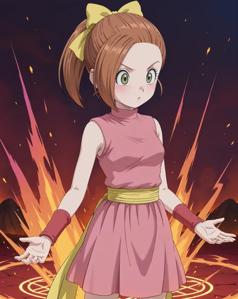 masterpiece, best quality, newest, small breasts, Kluke,brown hair,hair bow,ponytail,green eyes,pink dress,short dress,wristband,yellow ribbon, Summoning thunder, Gates of Hell