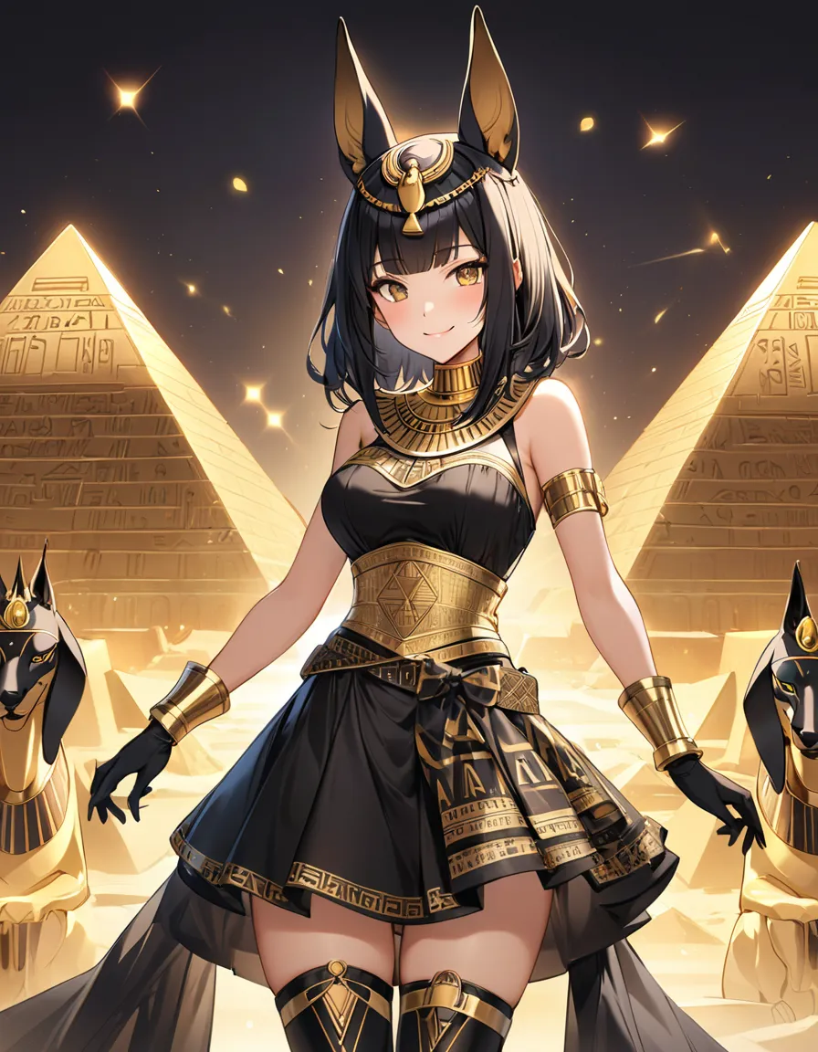 Egypt, pyramid,woman,Egyptian Anubis motif black and gold layered dress,black one-piece dress with golden decorations,(gold-trimmed high collar),sleeveless,(golden Egyptian-style patterns on bodice),mini skirt attached to bodice,luxurious layered skirt,(go...