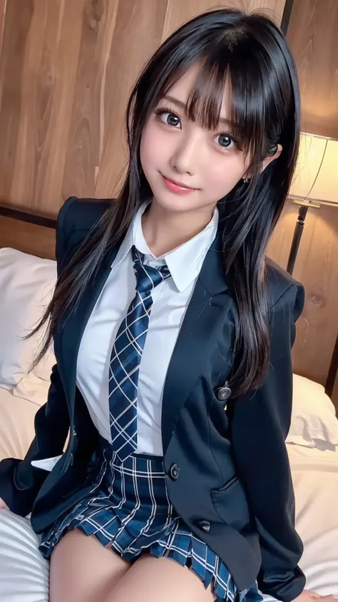 ((masterpiece, Best Quality, Hi-Res, Ultra High Definition)), Japanese high school girl with black ruffles,(realistic:1.5)、smiles、great face、closed mouth、 sharp mouth、Glossy Lips 、LONG HAIR,(beautiful black hair:1.5)、high school uniform,(navy blue blazer,t...