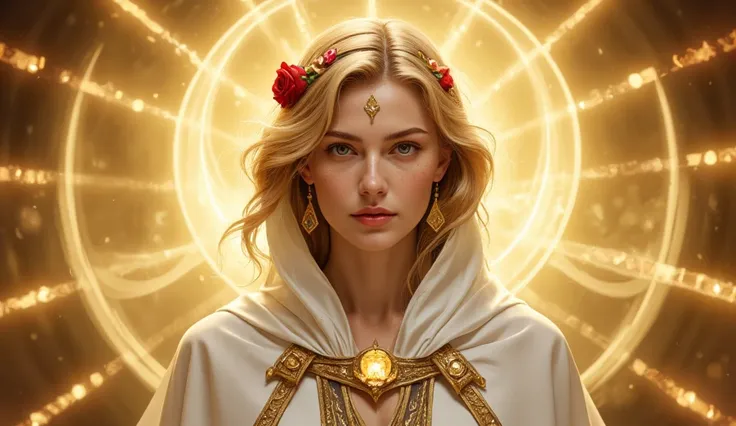 Create an image of a priestess with a white mantle, With big, curled blond hair, with a red rose in the hair and around it colored crystals and a golden background with rays of light  