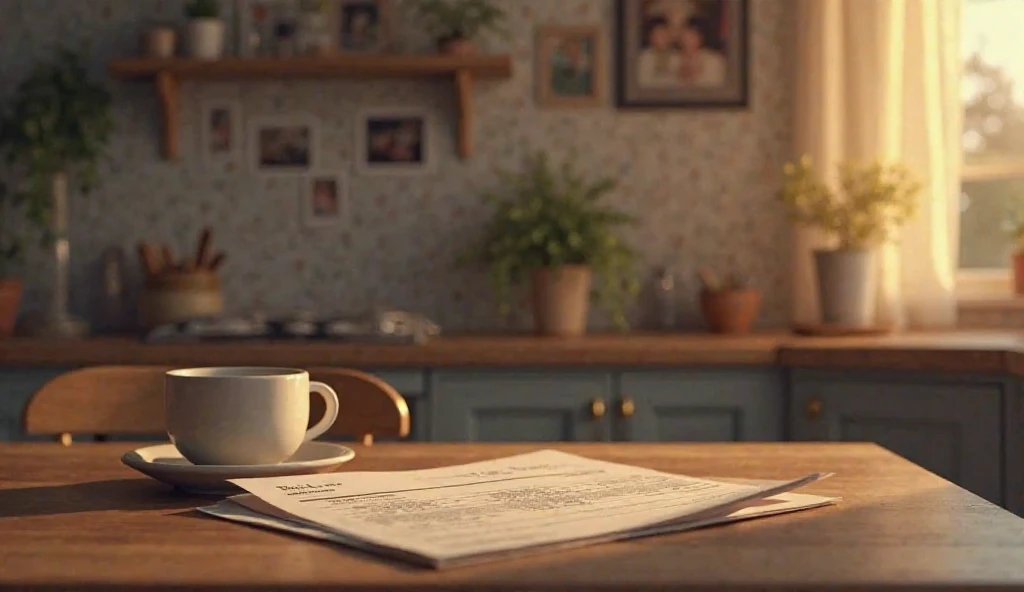 above Manila on a kitchen table illuminated by the evening light, with a partially visible bank statement.  In the background, blurry family photographs adorn the walls of a cozy kitchen.