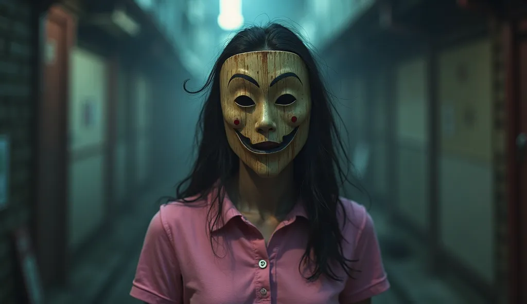 (masterpiece:1.4),best quality,ultra high res,(photo realistic:1.6),(horror:1.8),female spirit wearing a smiling wooden mask,pink polo shirt,Japan's back alleys,scared,Fear,eerie,spooky,weird,ominous,night,fog,