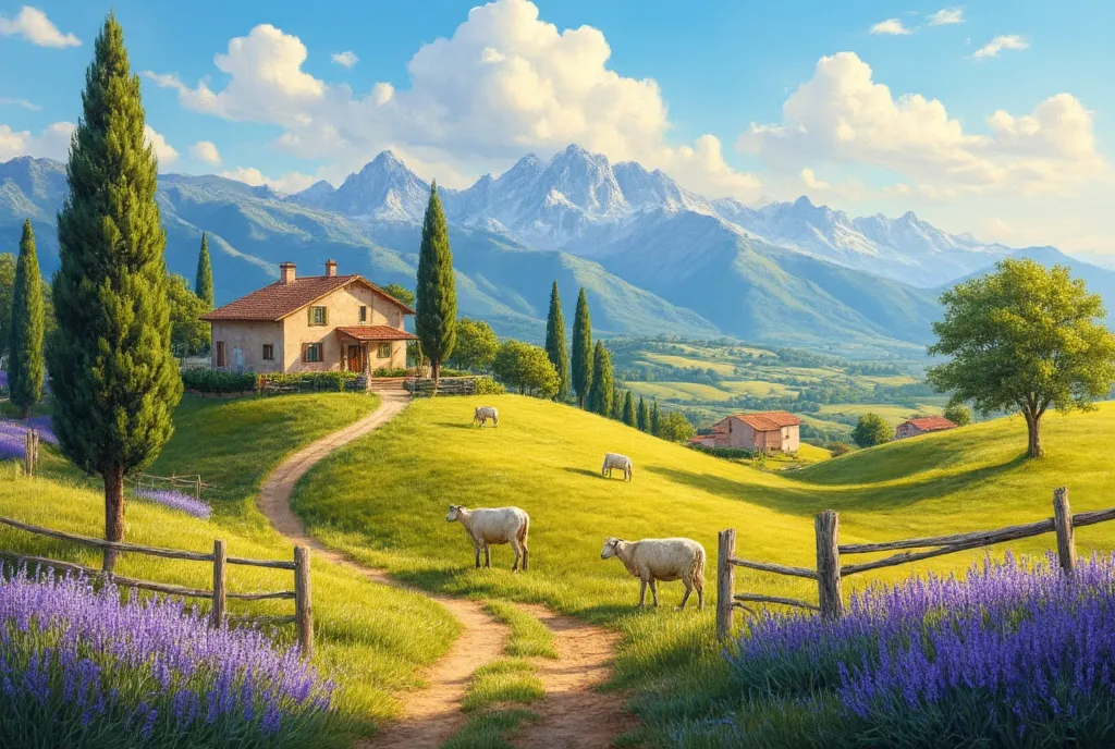  in high-definition images、Oil painting of a beautiful farm landscape in southern France。