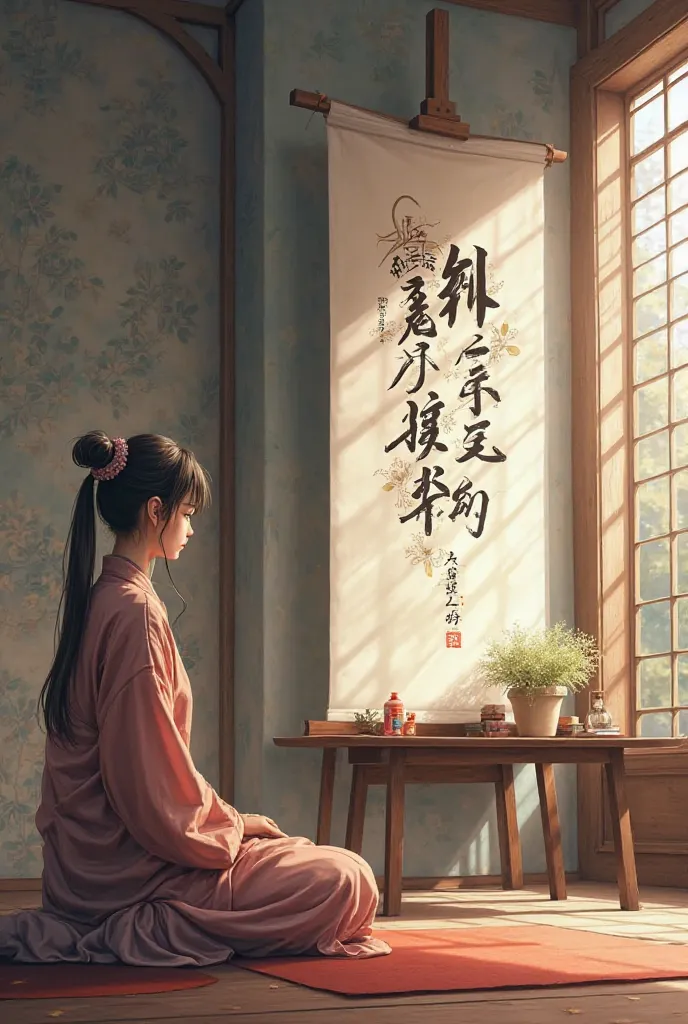 To the right of a table, there is calligraphy on a canvas.