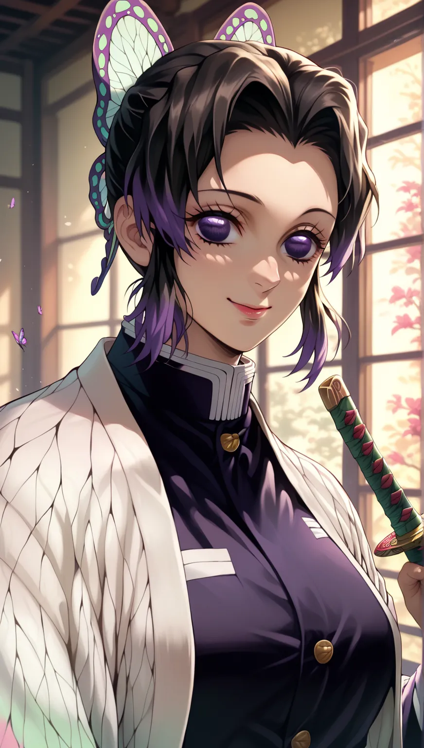 Shinobu Kochou(Demon Slayer), hourglass figure, big chest,  short black and purple ombre hair, delicate purple eyes, butterfly hair ornaments, calm and confident expression, wearing a black high-collared bodysuit with golden buttons, white haori with butte...