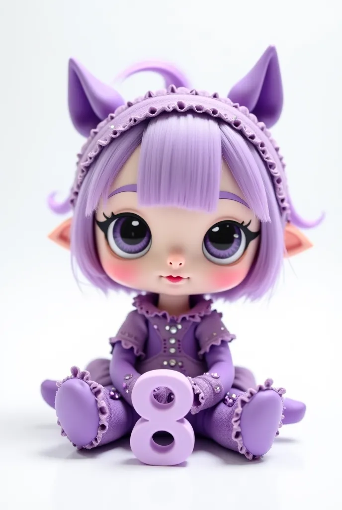 Chibi doll dressed in purple sitting with the number 8 in front of her on the white background 