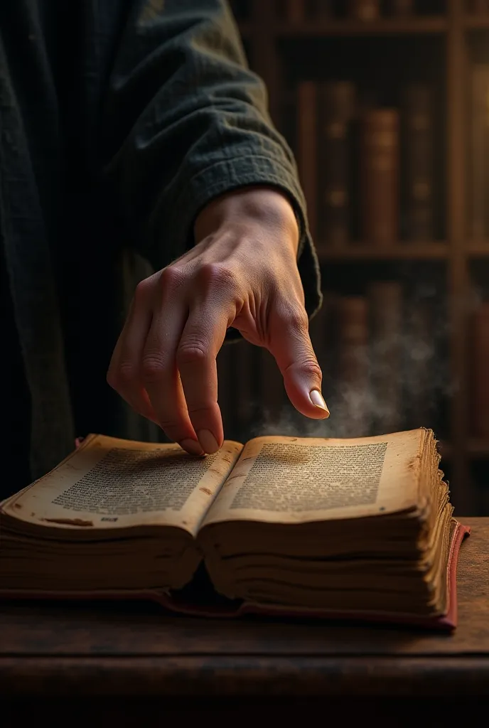 Picture of a hand getting a dusty book 