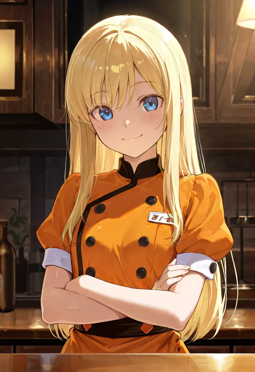 1girl, blonde hair, long hair, orange waitress clothes, shiny skin, crossed arms, she is placed on the counter of a bar, cosy background, indoor, small breast, upper body, detailed blue eyes, happiness, smile (best quality, 8k, highres, masterpiece, detail...