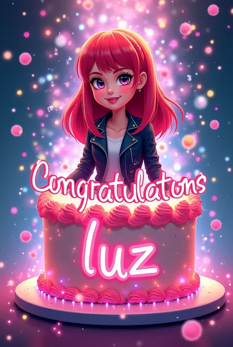 A vibrant and festive illustration featuring a young woman, an animated character with red hair and a black jacket.  The character emerges from a cake with the letters  "Congratulations luz" adorning its surface .  The cake is surrounded by a hypnotic aura...