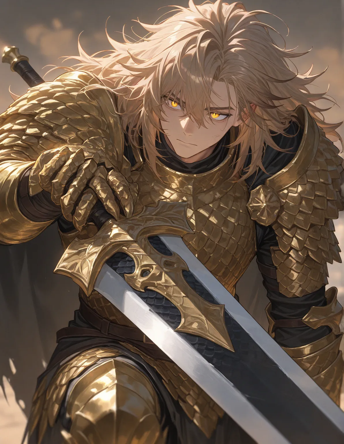 masterpiece,best quality , newest , safe, handsome male, crazed and badass dragon slayer, messy unkempt hair, light brown hair, gold eyes, detailed dragon scale armor, great sword, dark fantasy, HD quality, masterpiece, high quality, highly detailed, chara...