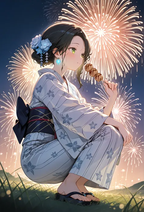     young  , Nape,yukata,Stole, sandals on the skin,fair,Holding takoyaki,   Fireworks ,date