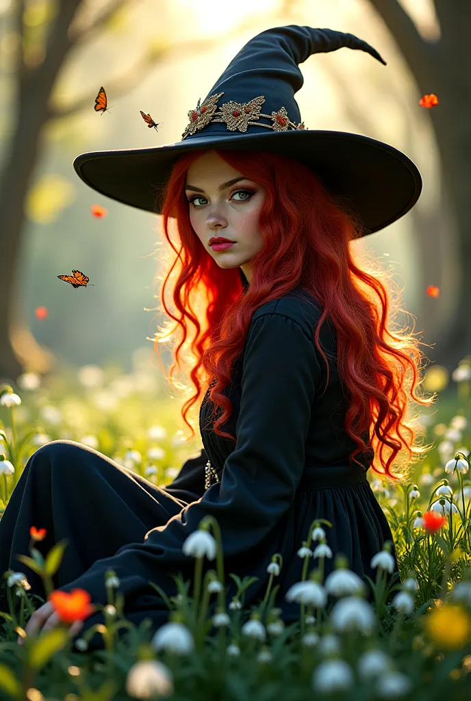 Beautiful witch
Red curly hair up to the shoulders
Witch's black hat on her head
Spring
The sun
Sits in the woods
butterflies
Snowdrops