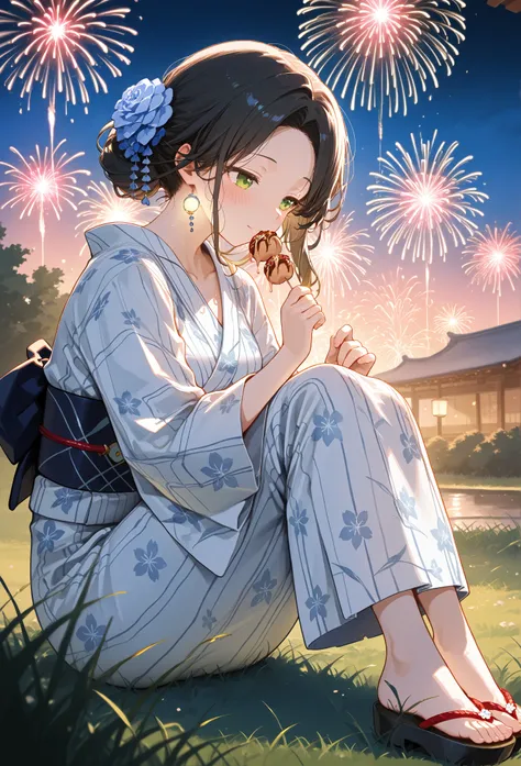     young  , Nape,yukata,Stole, sandals on the skin,fair,Holding takoyaki,   Fireworks ,date