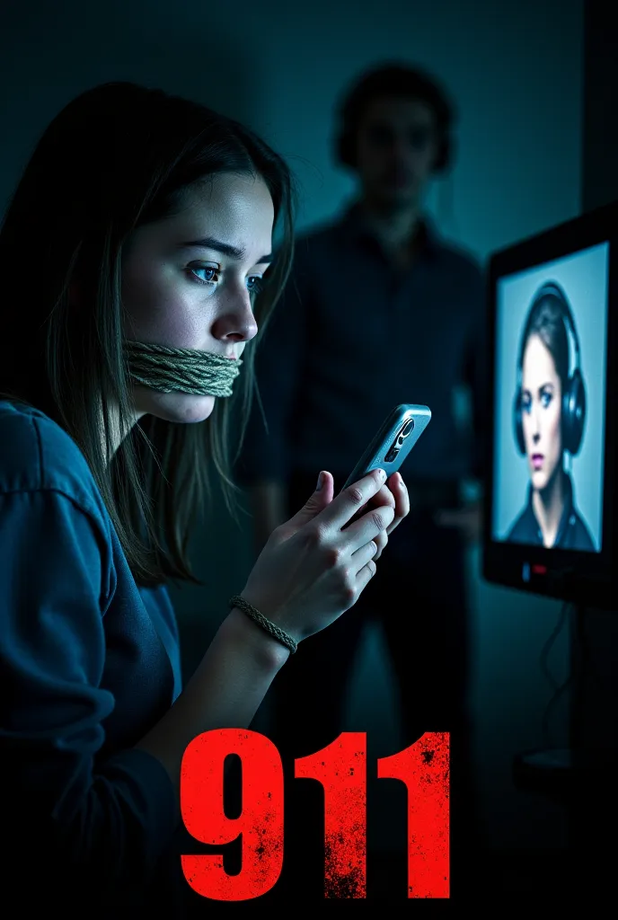 A suspenseful poster with a dark and tense atmosphere. in the foreground, a young woman with a terrified expression appears with her mouth covered with adhesive tape and her hands tied with a thick rope. His skin is slightly illuminated by the light of a m...