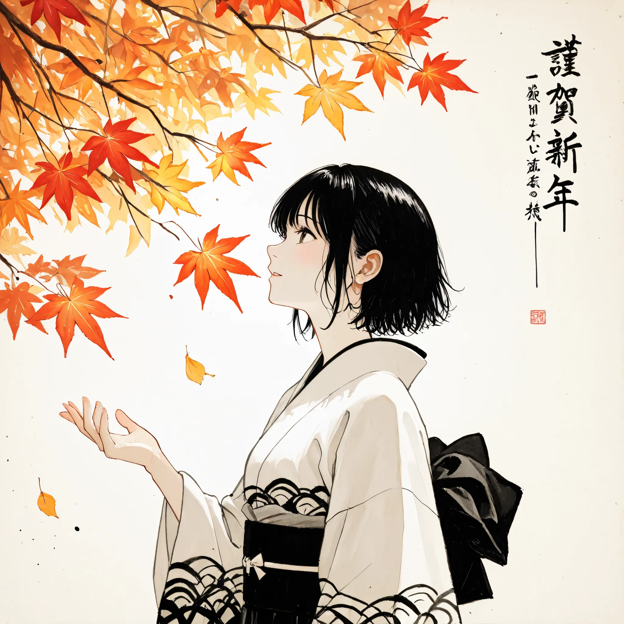 1. Use only two colors, black and white. 2. Never use text. Be sure to adhere to these two rules.
"A traditional Japanese ink painting of a woman in a loose-fitting kimono gazing melancholy at the colorful autumn leaves. The painting is entirely monochrome...