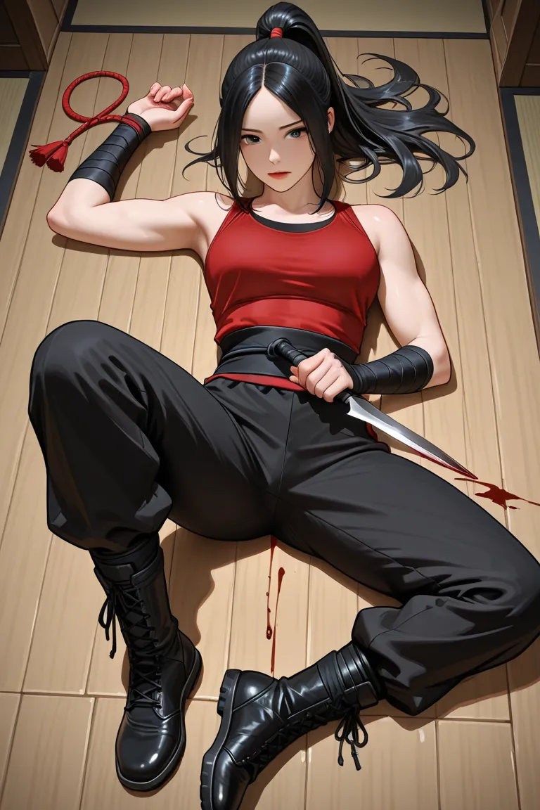 A ninja in red ninja style clothing,With a ninja in red ninja style clothing,tank top with black pants, With long black hair tie your feet, no bangs, wearing a black contoured boot, lying on the floor with a dagger in the arm bleeding