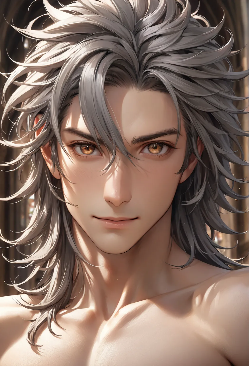 Young mature and handsome boy, grey-haired man wearing monarchical clothing ( perfect anatomy ). messy hair,  Male Hair, dense hair, wild hair, short hair, detailed face. pretty face,  perfect face, (wicked, anger)  Young man, masculine boy, pretty face, g...