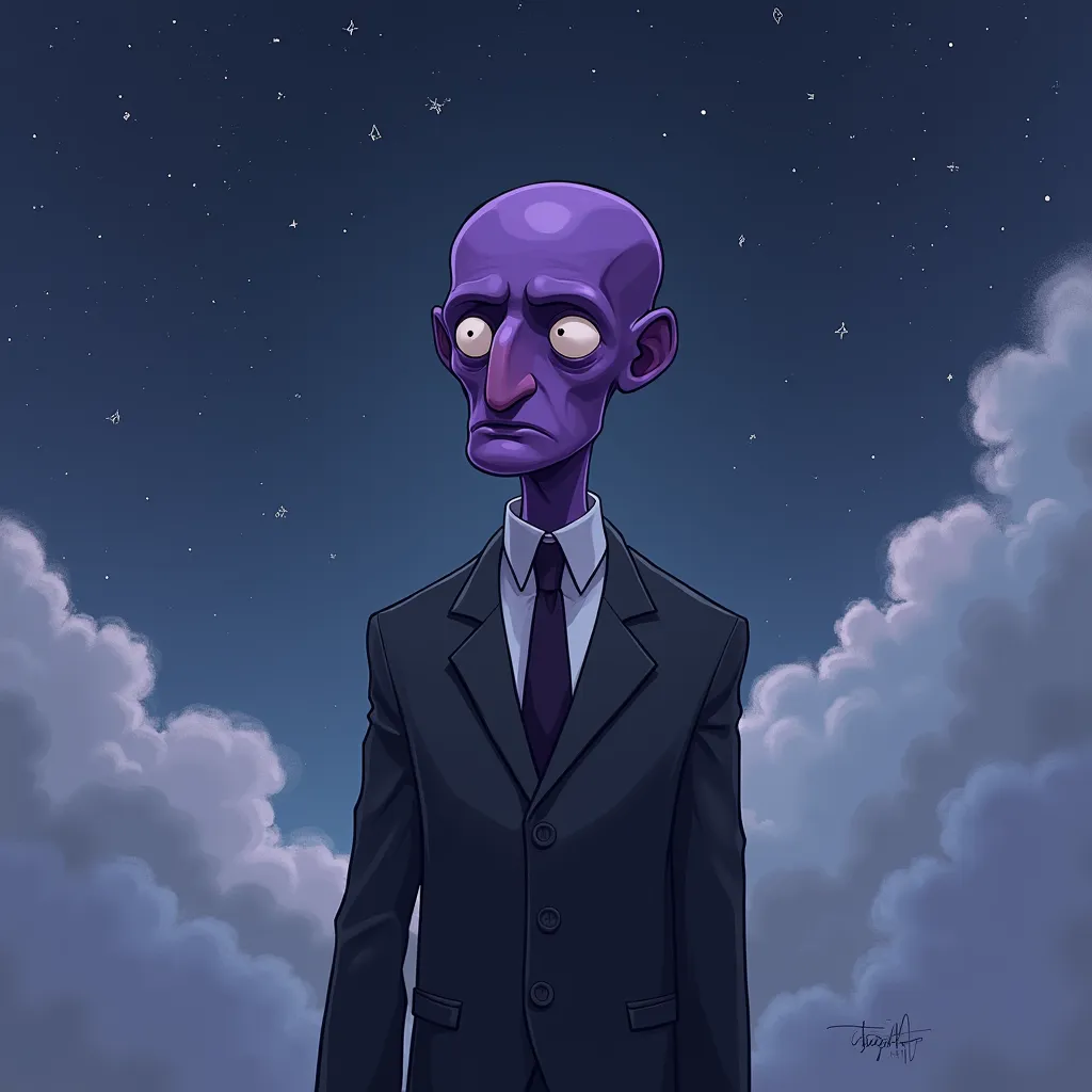 carton aesthetic sad personal face photo of a purple guy wearing a suit and the background is a sky with stars and clouds