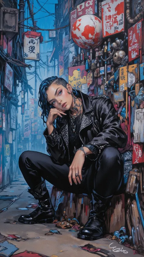   Highly Detailed Fashion Video Art {x} Inspired by the Kubrick Movie ,  Punk Girl Closeup ,Cool Female Punk Piercing ,blue mohawk , Leather Biker Jacket,Black as the Base  ,   black leather pants   ,PhD.Martin Black Boots ,Studs,zipper,Skull Earrings , Pu...