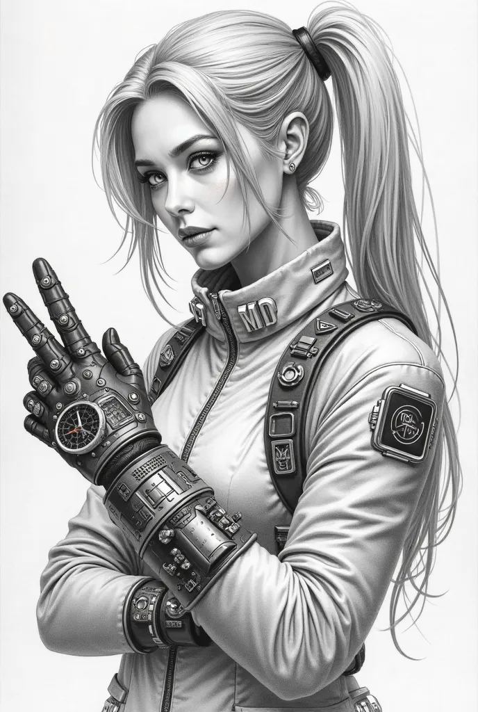 ((portrait of a futuristic soldier)), Ruth jen, pigtails, acecombat, detailed pencil drawing, Bowater art style, aesthetics of the USSR, steampunk glove with screen and clockwork at hand, a technological glove with a computer, a glove with a compass. High ...