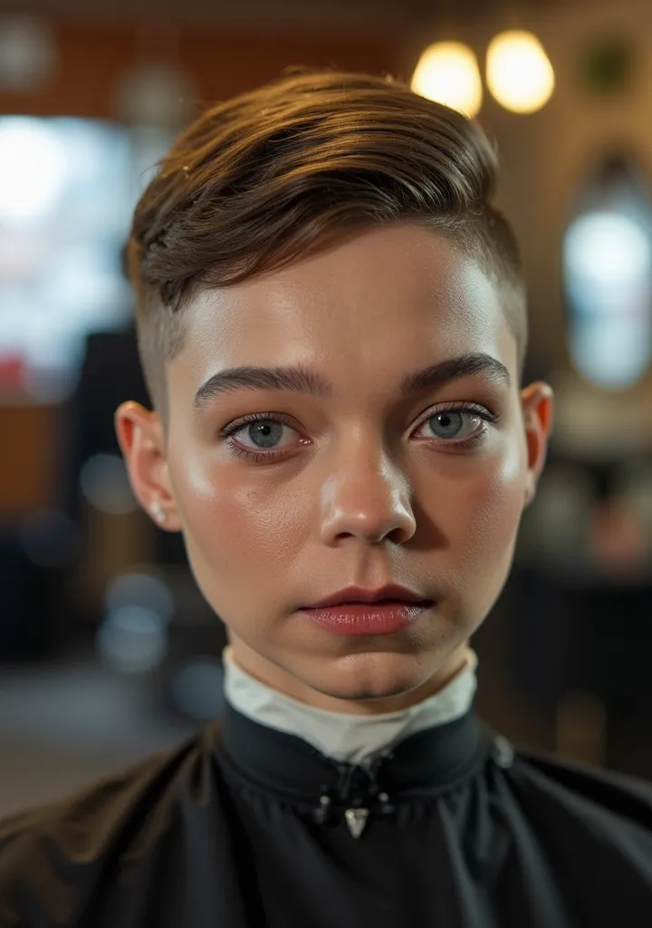 Emma Myers, Ganzkörper aufnahme, a barber cut her hair with a Original Hairclipper machine, A meticulously Military inspired Very extreme short Buzzcut-Pixie high fade haircut , featuring sharp, clean edges and a seamless blend from the skin fade on the si...