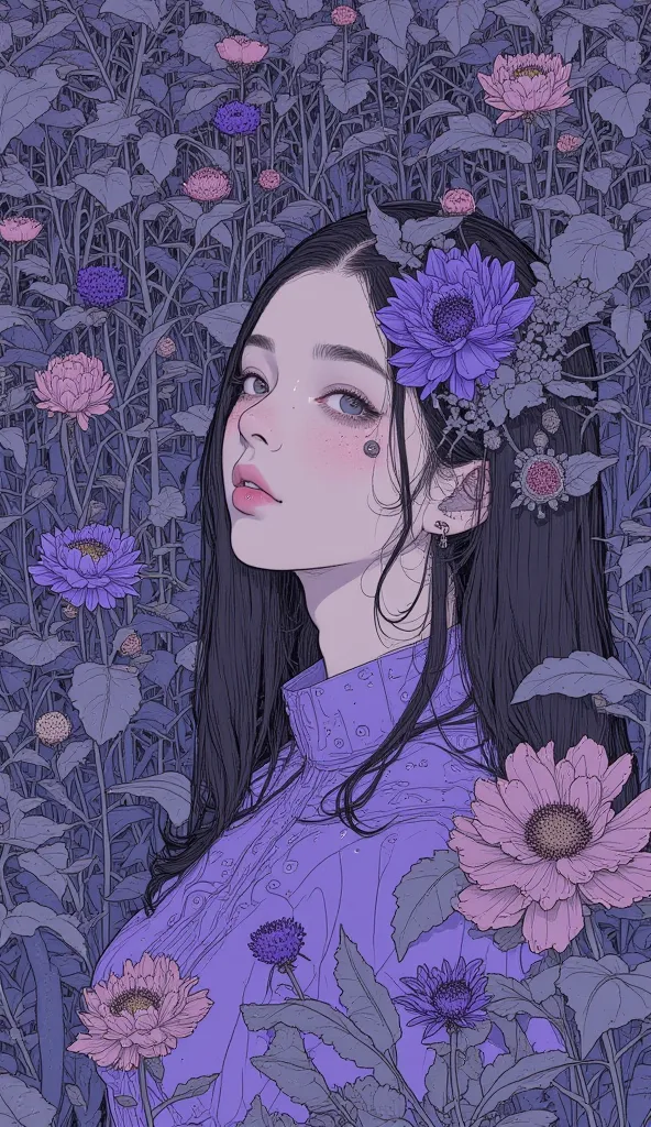 The purple and blue flowers are in a field of green leaves, Digital painting by Kikugawa Eizan  , deviant art, art nouveau, Purple Flower, Beautiful landscape of flowers , Floral Wallpaper,  detailed digital painting ,  Shades of Purple , indigo blooming f...