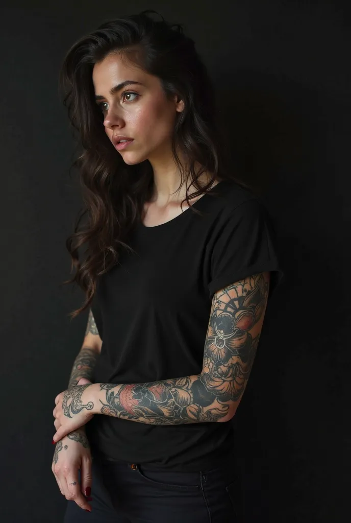 there is a woman with a tattoo on her arm and a black shirt, a tattoo by Emma Andijewska, tumblr, antipodeans, 🤤 girl portrait, profile pic, desaturated!!, with tattoos, dark and realistic, profile picture, desaturated!, very very low quality picture, with...