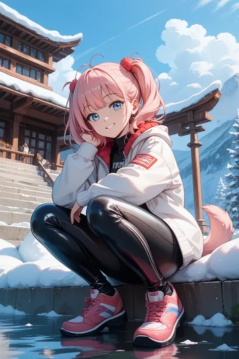 1 girl crouching、pink hair、short twin tail、18 years old、pale light blue eyes from under the rubber、 look down、is sitting、pants、Outdoors、 from below、cool、 Smile、stylish、masterpiece、Best Quality