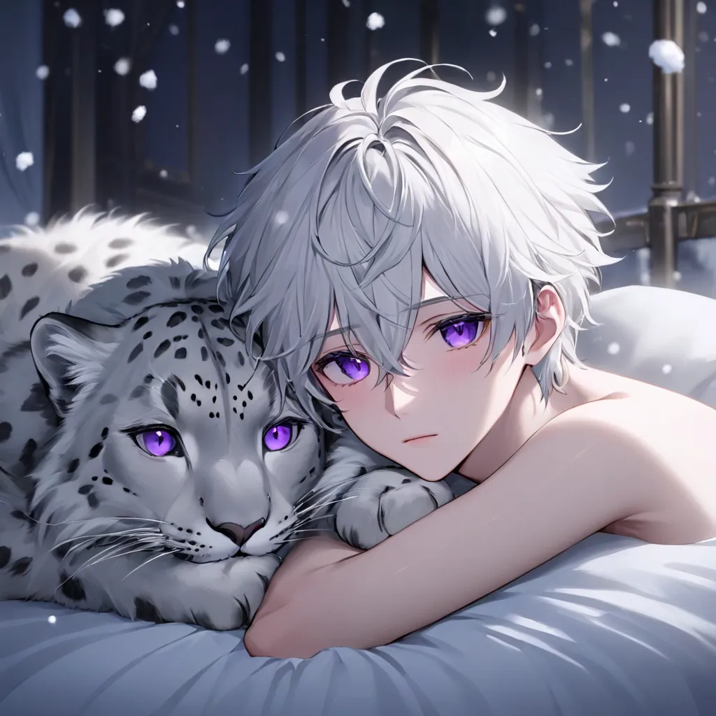 (masterpiece), best quality, Best Quality, high-definition CG Unity 8K wallpaper, original, Hi-Res, Faithfulness: 1.3,  Solo Male , Sleepy Man, Short White Hair, Snow Leopard Ears and Tail, naked,  neutral, pretty boy,bed, purple eyes, Tired eyes