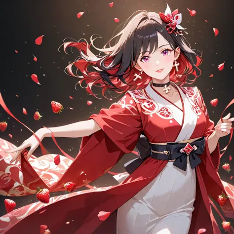 **"A beautiful and welcoming anime-style illustration featuring an elegant adult female character with delicate yet confident facial features. She has long, flowing black hair with red highlights, with several strands softly framing her face while the wind...