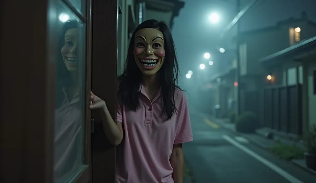 (masterpiece:1.4),best quality,ultra high res,(photo realistic:1.6),(horror:1.8),female spirit wearing a laughing wooden mask looks at you from behind a building,pink polo shirt,Japanese residential area at night,scared,Fear,eerie,spooky,weird,ominous,nigh...