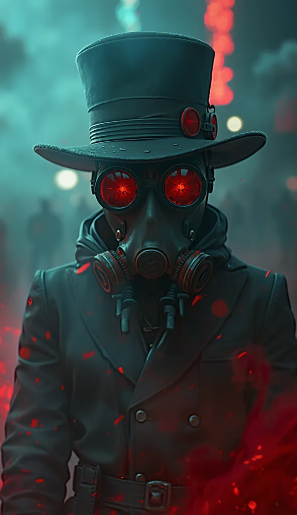 Dark dystopian steampunk figure, glowing red eyes, gas mask, wide-brimmed hat, smoky atmosphere, teal and red color palette, ominous, cyberpunk, post-apocalyptic, detailed, eerie lighting, cinematic, high contrast, digital art, atmospheric, haunting
