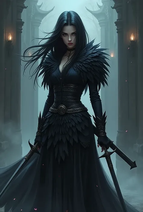 Women, adult, raven clothing, black feathers, mascara, Anime Style, medieval, ninja,  Black Death , daggers