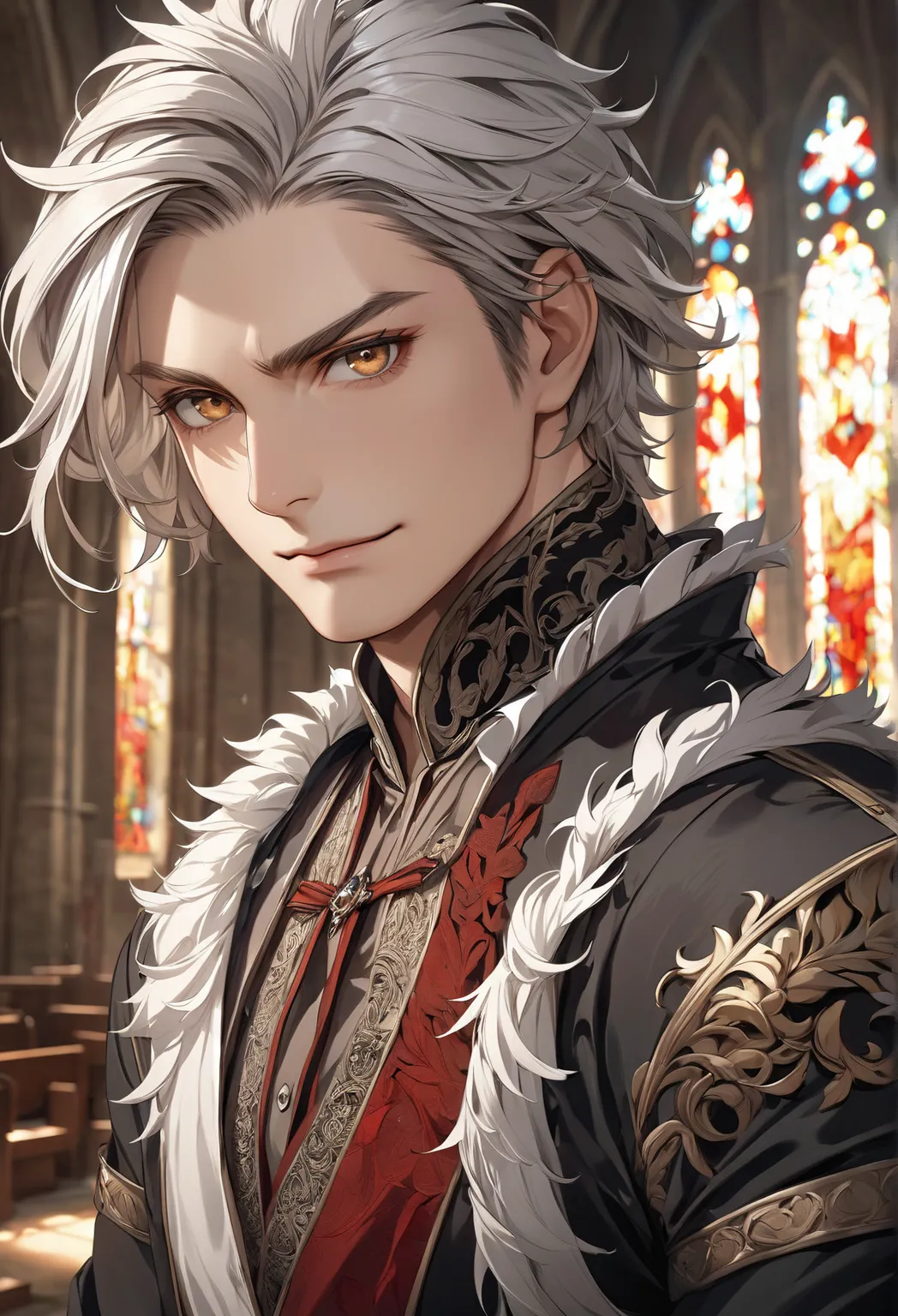 Young mature and handsome boy,  white-haired anime-style man , white eyelashes, wearing monarchy clothes ( perfect anatomy ).  Male Hair, dense hair, wild hair, short hair, detailed face. pretty face,  perfect face, (wicked, anger)  Young man, masculine bo...