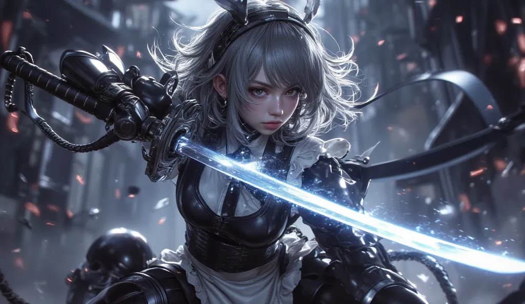 Highest quality　masterpiece　High resolution　masterpiece　Gray Hair　Dark Eyes　Maid-type Android　Combat type　Luminous Great Sword　fighting, sword fighting, motion blur