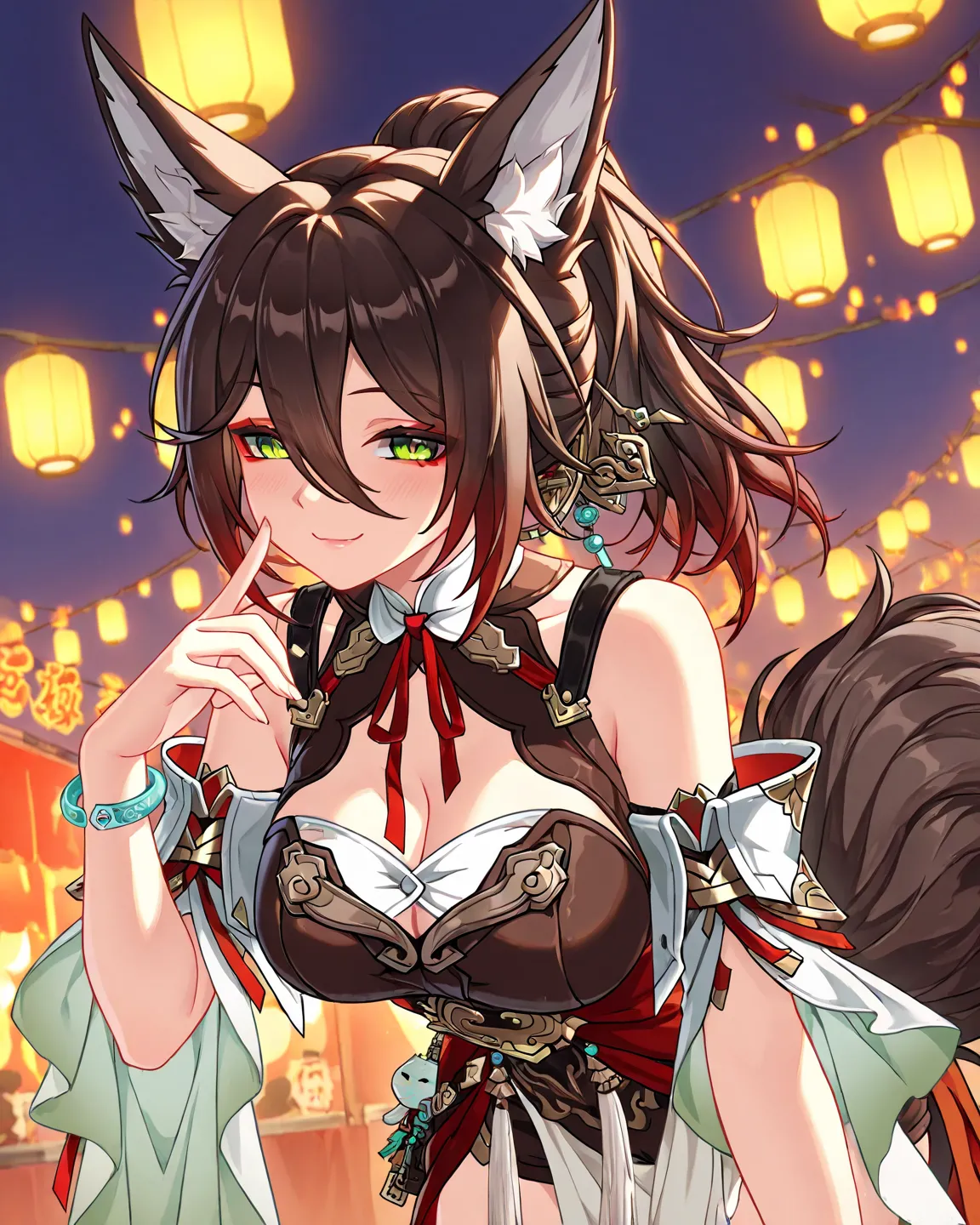 1 girl,tingyun (honkaistarrail),honkaistarrail,with a playful, flirty expression. She winks with a confident, mischievous smile. Her outfit is elegant, with soft lighting enhancing her charm. The background is a lively festival with glowing lanterns, 