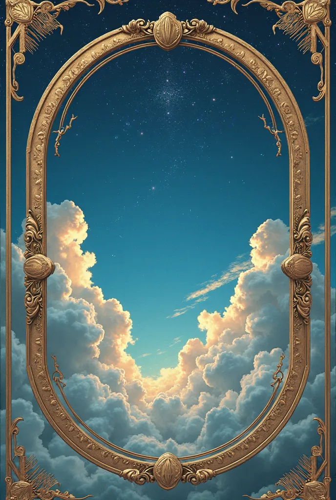 a picture of a blue sky with clouds and stars and a golden frame with the words, salmon gadie, an album cover inspired by Gaetano Sabatini, featured on pixabay, magical realism, sallon, album art, gal yosef, salome, elizabeth saltzman, album cover, added d...