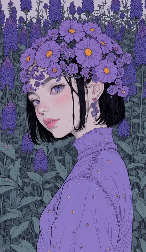 The purple and blue flowers are in a field of green leaves, Digital painting by Kikugawa Eizan  , deviant art, art nouveau, Purple Flower, Beautiful landscape of flowers , Floral Wallpaper,  detailed digital painting ,  Shades of Purple , indigo blooming f...