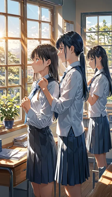 Anime-style illustration of high school students preparing for graduation ceremony, classroom transformed with soft morning light, students adjusting each other's uniforms, straightening collars and ties, gentle nervous excitement, detailed uniform texture...