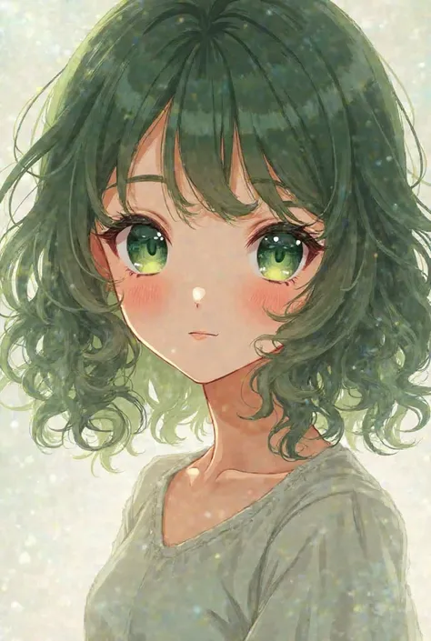 Girl with green eyes and curly hair up to shoulder in anime style ()