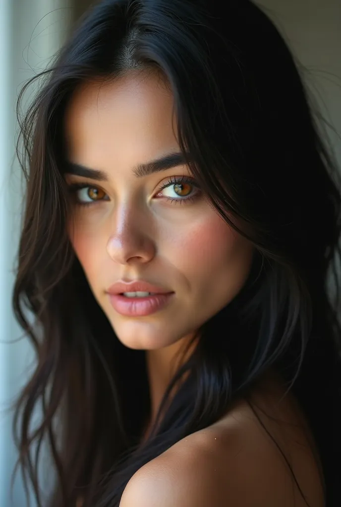 brunette model, With honey-colored eyes and straight black hair