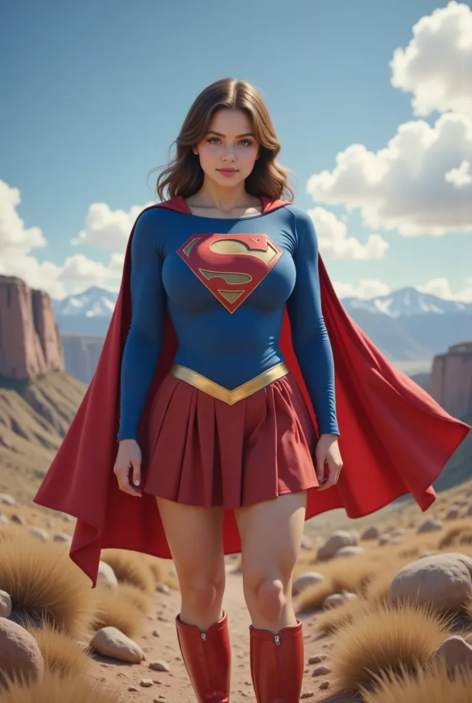 WEARING HER ICONIC 1980 SUPERGIRL COSTUME, BOOTS AND CAPE. SEXY AND CUTE 17-YEAR-OLD GIRL SHO INHALING A LARGE AMOUNT OF AIR FILLING HER LUNGS TO CAPACITY AND THEN EXHALING A HUGE JET STREAM STREAM OF GALE STRENGTH COLD WINDS FROM HER LIPS. Rendered in 8K ...