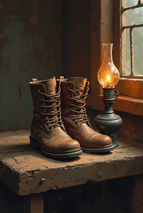 A bright oil lamp and a pair of boots with very worn soles are placed on a wooden table，Dilapidated，Soft booties，The tip of the boot is worn，black qing boots