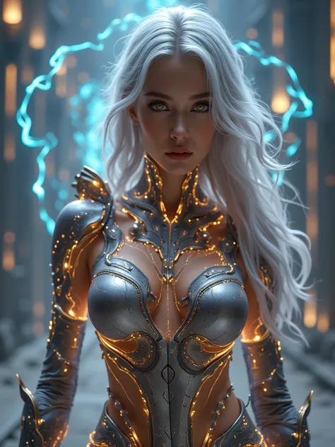 A fierce female warrior with long, ashen skin, flowing silver hair, silver eyebrows, her eyes are gold and silver color. her armor etched with glowing rainbow colored circuits, luminescent gold lines, lining strip of RGB led lighting and electronic chip, c...