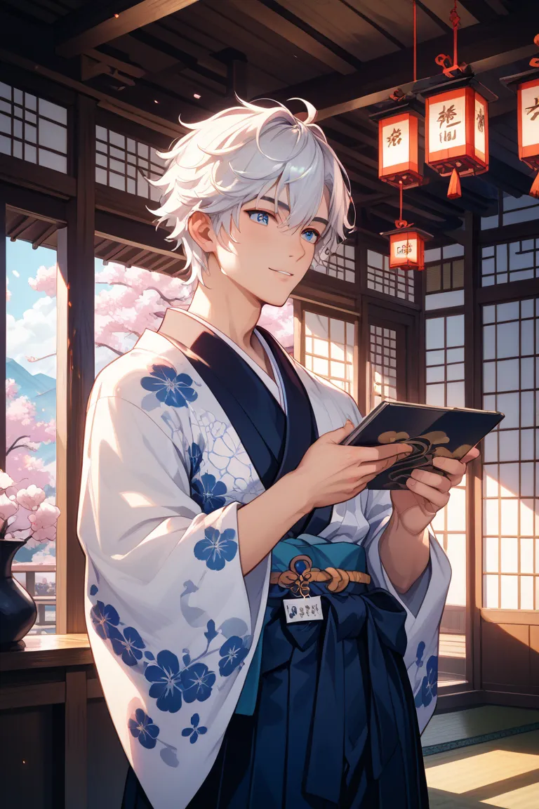  Man with White Hair 　Anime style for people in their 30s　Vtuber　Hakama　 kimono