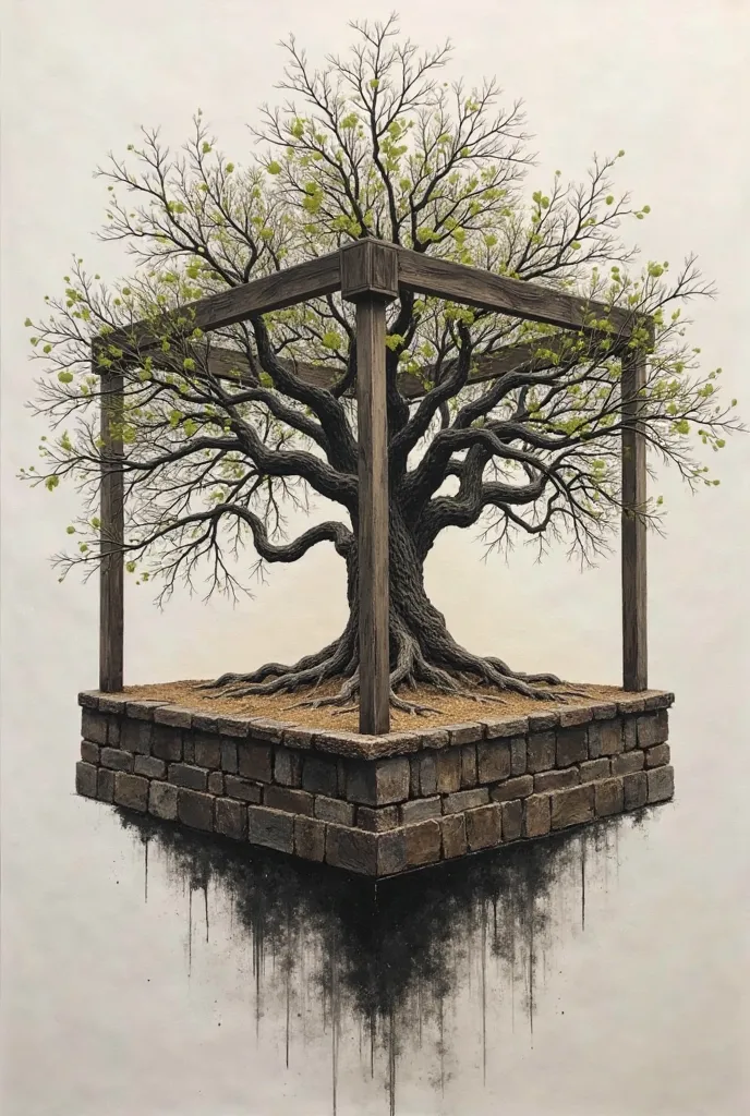  un arbre  graphique dont le bois est brulé, sans feuille , traverse dans son milieu un cube, on ne voit pas le tronc , les branches et racines sortent à l'extérieur , par le haut et par le bas du cube, le cube évidé est de 1,50 x 1,50 m , les façades  du ...