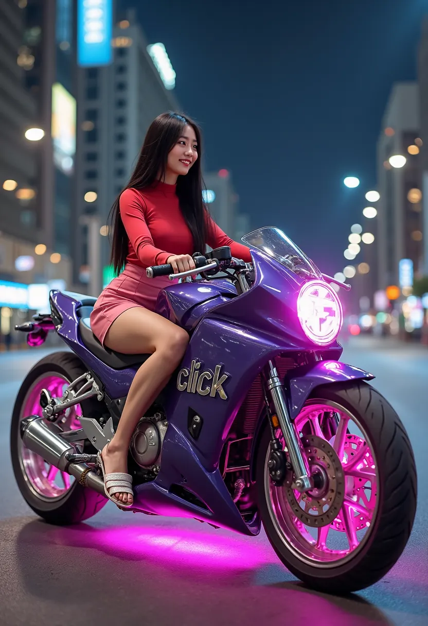 Photo of a young Chinese woman, with long straight black hair, 25 years old, smiling, fair-skinned, wearing a red long-sleeved top with a tight cut that accentuates her body silhouette, and a pink mini skirt, wearing white sandals, legs straightened as if ...