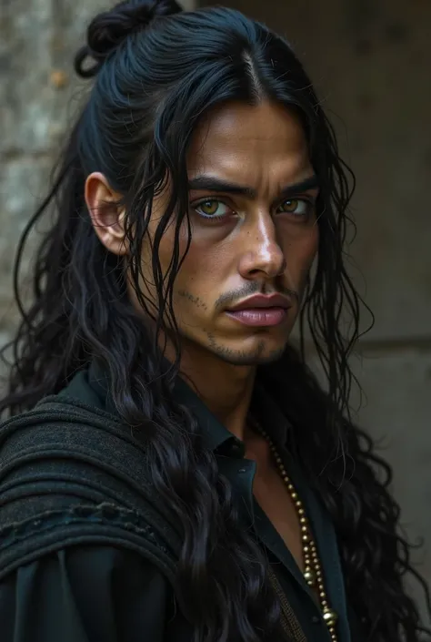 35-year-old man with dark hair like night, long, normally tied in a low bun.

 golden eyes,  shiny like embers , emanating power and mystery.

Tanned skin, marked by some scars from ancient battles.

Taller than any alpha, with a majestic bearing and broad...