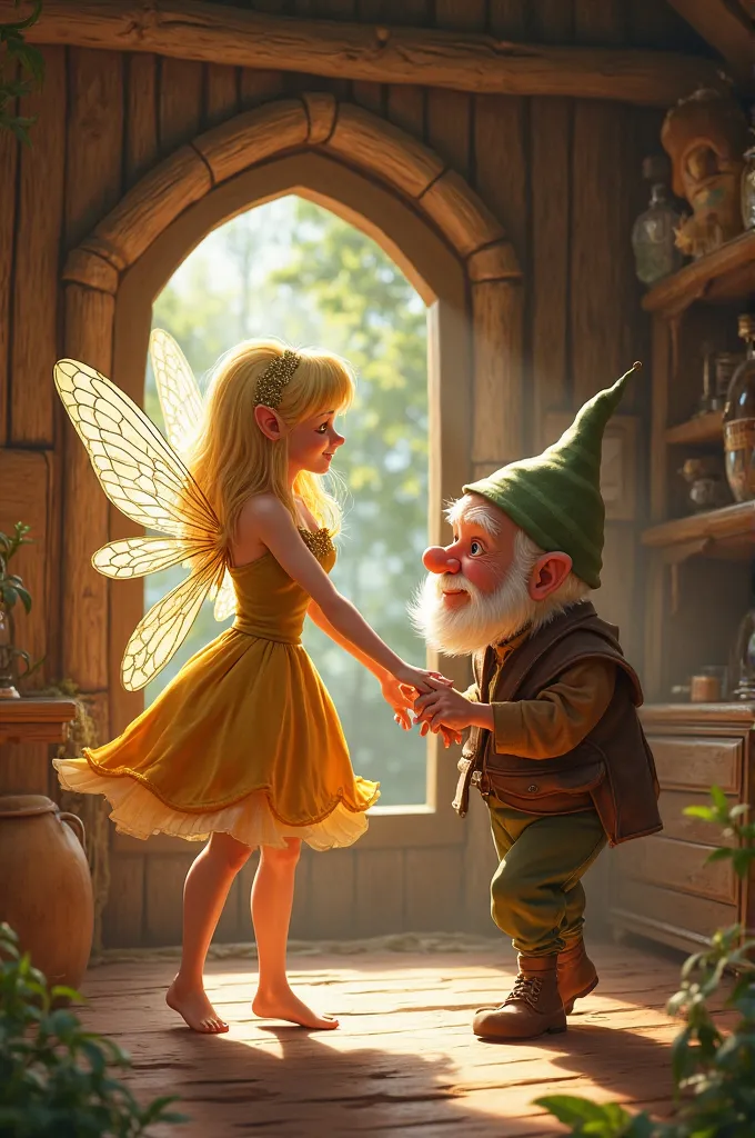 A blonde fairy in green dress dancing with an old little dwarf in her wooden house 